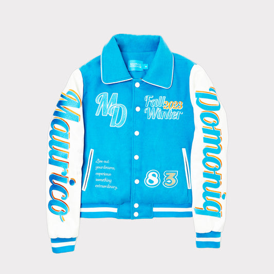 MD BLUE EMBROIDERED VARSITY JACKET